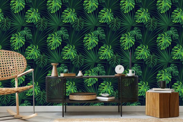 Behang Tropische Monstera-Bladeren Op Donkere Achtergrond - Afbeelding 5