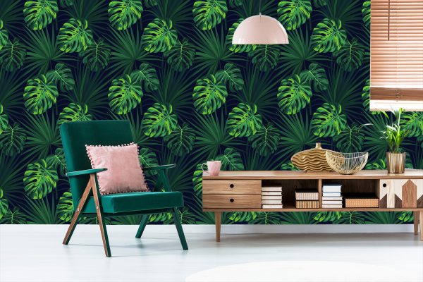Behang Tropische Monstera-Bladeren Op Donkere Achtergrond - Afbeelding 6