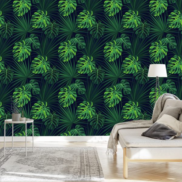 Behang Tropische Monstera-Bladeren Op Donkere Achtergrond - Afbeelding 3