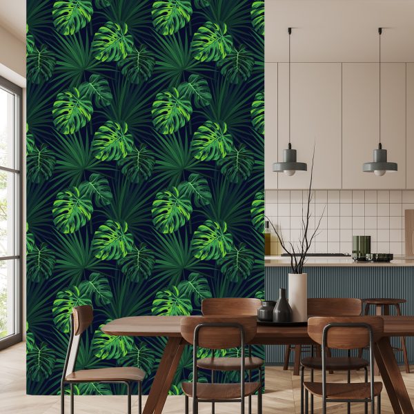 Behang Tropische Monstera-Bladeren Op Donkere Achtergrond - Afbeelding 4