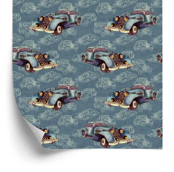 Behang Voor Kinderen - Oldtimers Beschilderd Met Waterverf In Vintage Stijl