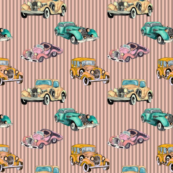Behang Voor Kinderen - Kleurrijke Vintage Auto's Beschilderd Met Waterverf - Afbeelding 2