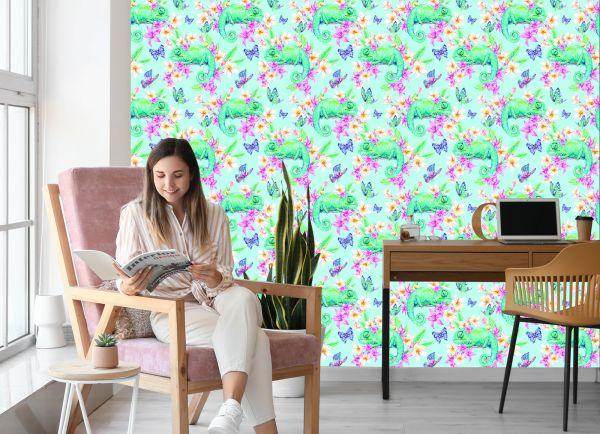 Behang Kameleons, Vlinders En Bloemen - Afbeelding 7