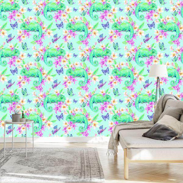 Behang Kameleons, Vlinders En Bloemen - Afbeelding 3