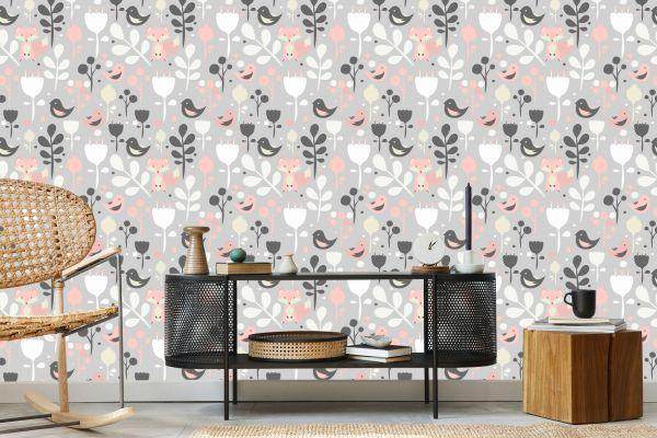 Behang Vossen Met Bloemen En Vogels - Afbeelding 5