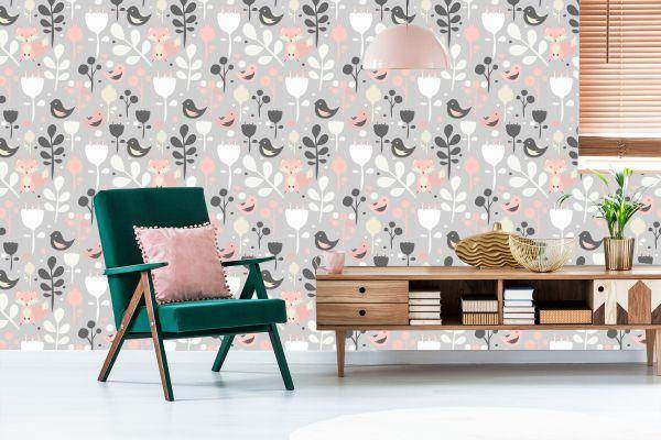 Behang Vossen Met Bloemen En Vogels - Afbeelding 6