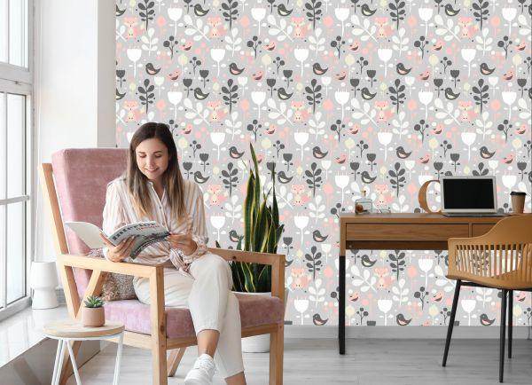 Behang Vossen Met Bloemen En Vogels - Afbeelding 7
