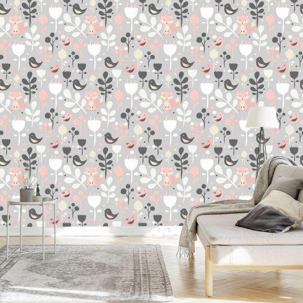 Behang Vossen Met Bloemen En Vogels - Afbeelding 3