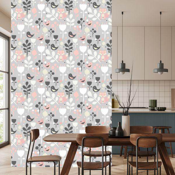 Behang Vossen Met Bloemen En Vogels - Afbeelding 4