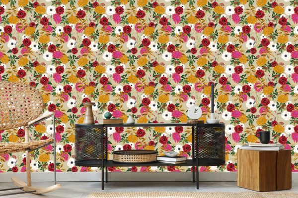 Behang Kleurrijke Bloemen In Retrostijl - Afbeelding 5