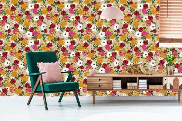 Behang Kleurrijke Bloemen In Retrostijl - Afbeelding 6