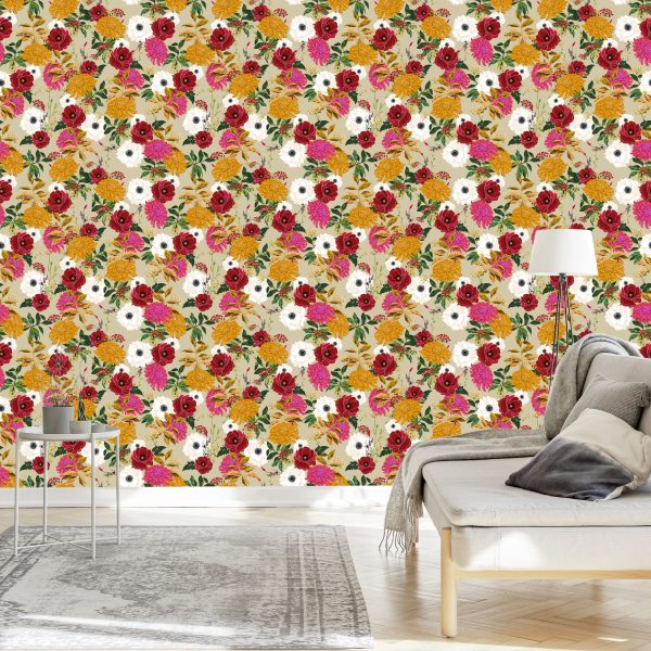 Behang Kleurrijke Bloemen In Retrostijl - Afbeelding 3