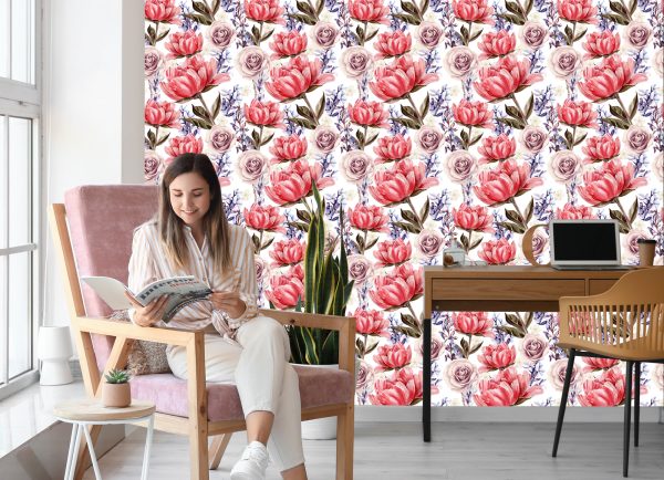 Behang Rozen Pioenen En Lavendel - Afbeelding 7