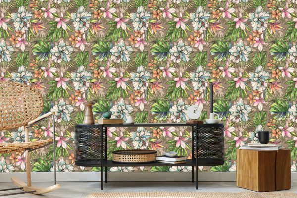 Behang Paradise Flowers, Palm Leaves En Monstera - Afbeelding 5
