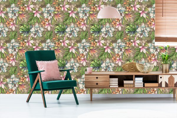 Behang Paradise Flowers, Palm Leaves En Monstera - Afbeelding 6