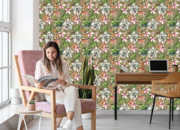 Behang Paradise Flowers, Palm Leaves En Monstera - Afbeelding 7