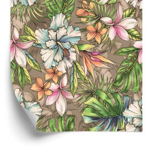 Behang Paradise Flowers, Palm Leaves En Monstera
