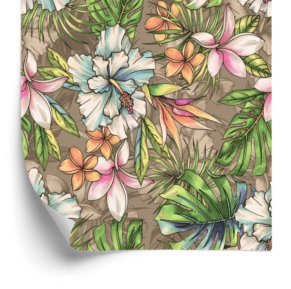 Behang Paradise Flowers, Palm Leaves En Monstera