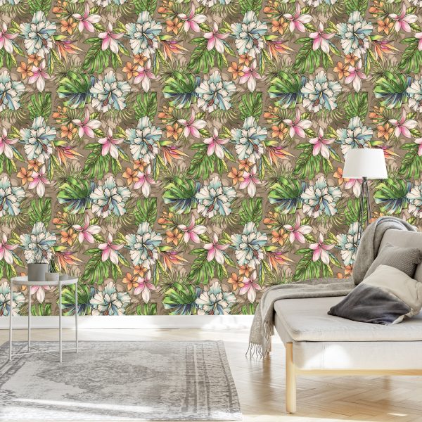 Behang Paradise Flowers, Palm Leaves En Monstera - Afbeelding 3