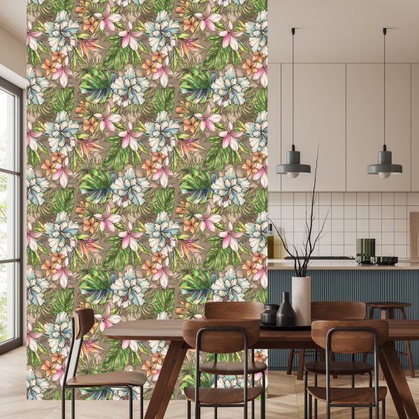 Behang Paradise Flowers, Palm Leaves En Monstera - Afbeelding 4