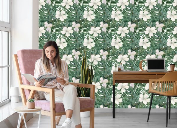 Behang Palmbladeren Met Hibiscus - Afbeelding 7