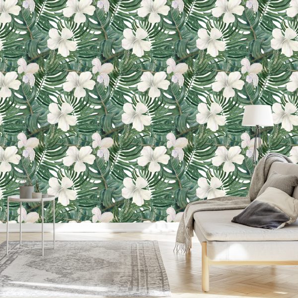 Behang Palmbladeren Met Hibiscus - Afbeelding 3