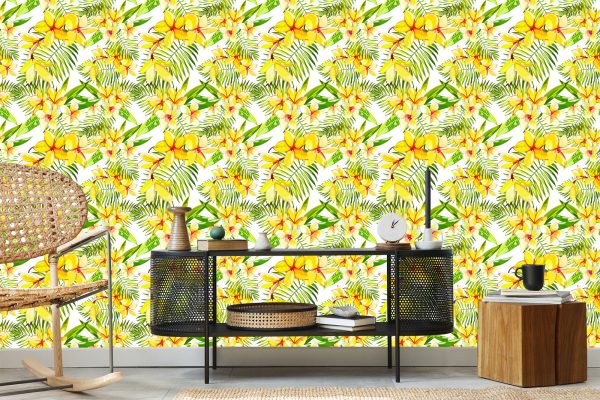 Behang Plumeria-Bloemen Met Palmbladeren - Afbeelding 5