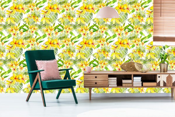 Behang Plumeria-Bloemen Met Palmbladeren - Afbeelding 6