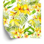 Behang Plumeria-Bloemen Met Palmbladeren