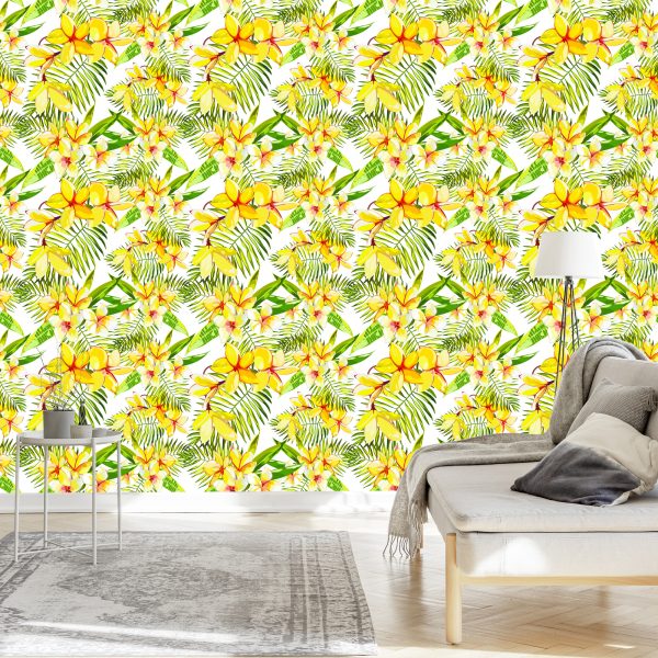 Behang Plumeria-Bloemen Met Palmbladeren - Afbeelding 3