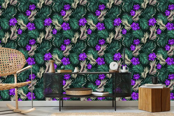Behang Hibiscus Met Tropische Bladeren - Afbeelding 5