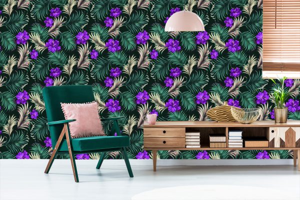 Behang Hibiscus Met Tropische Bladeren - Afbeelding 6