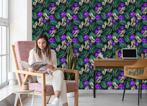 Behang Hibiscus Met Tropische Bladeren - Afbeelding 7