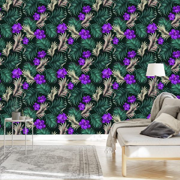 Behang Hibiscus Met Tropische Bladeren - Afbeelding 3