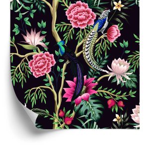 Behang Tropische Planten Met Vogels