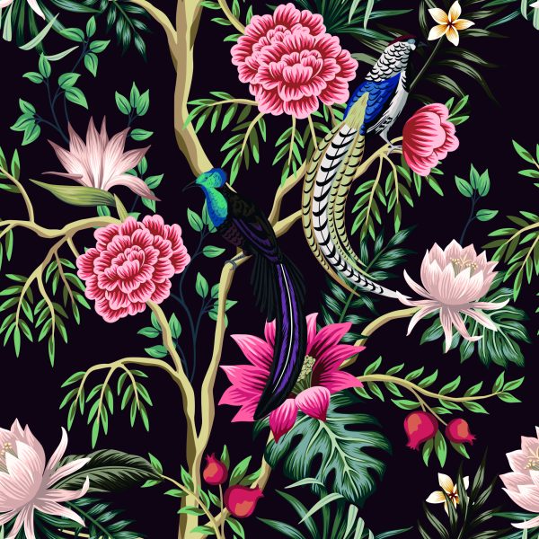 Behang Tropische Planten Met Vogels - Afbeelding 2