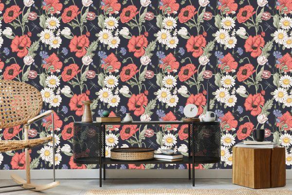 Behang Tulpen, Klaprozen, Korenbloemen En Madeliefjes - Afbeelding 5