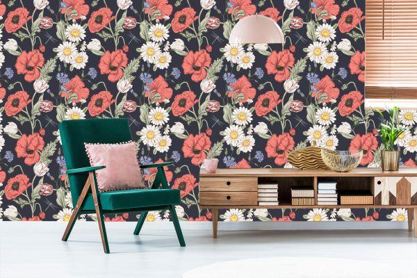 Behang Tulpen, Klaprozen, Korenbloemen En Madeliefjes - Afbeelding 6