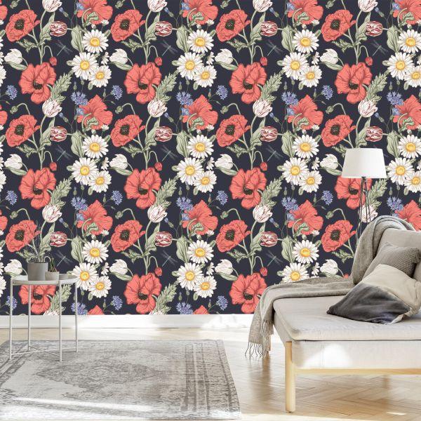 Behang Tulpen, Klaprozen, Korenbloemen En Madeliefjes - Afbeelding 3