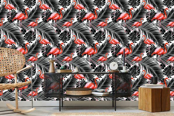 Behang Flamingo's En Zwarte Exotische Bladeren - Afbeelding 5