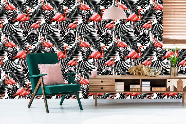 Behang Flamingo's En Zwarte Exotische Bladeren - Afbeelding 6
