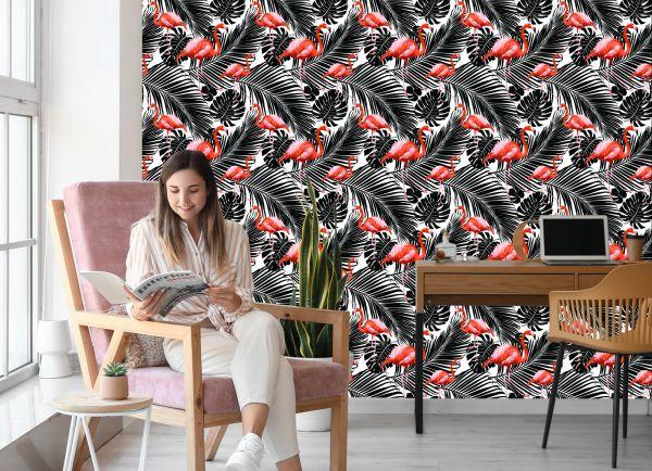 Behang Flamingo's En Zwarte Exotische Bladeren - Afbeelding 7