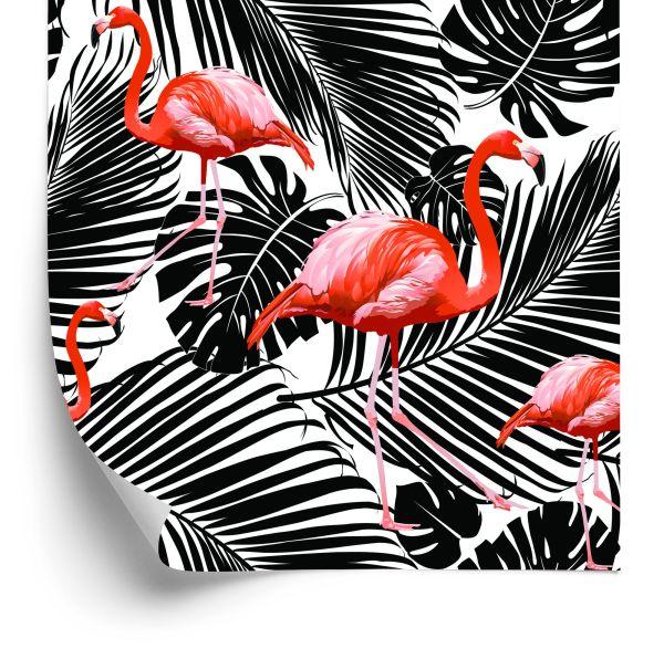 Behang Flamingo's En Zwarte Exotische Bladeren