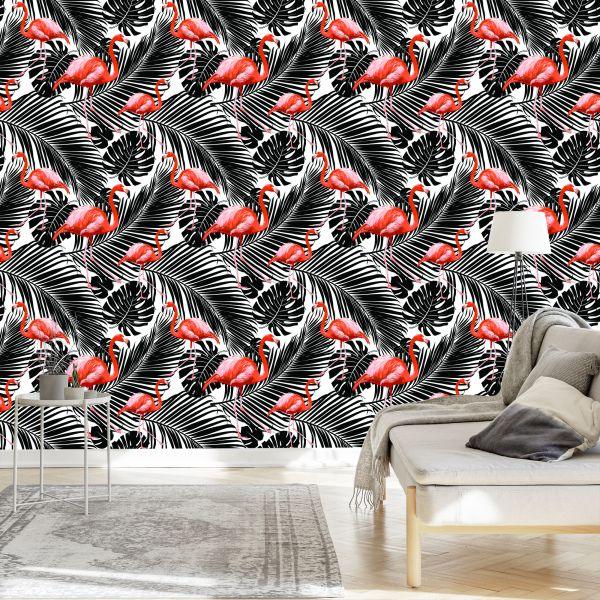 Behang Flamingo's En Zwarte Exotische Bladeren - Afbeelding 3