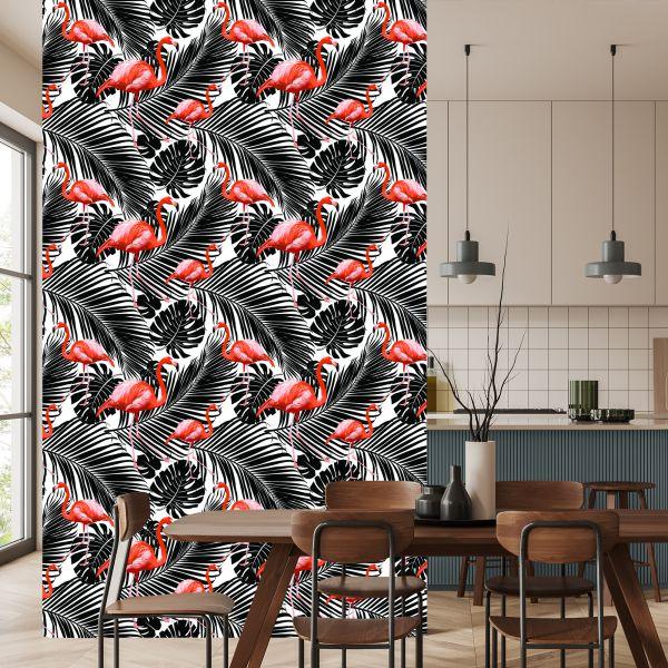 Behang Flamingo's En Zwarte Exotische Bladeren - Afbeelding 4
