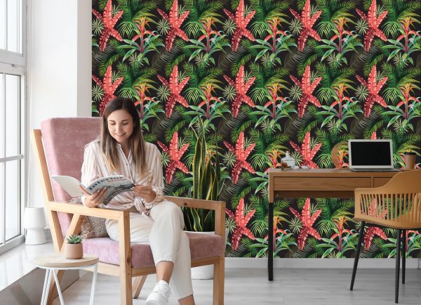 Behang Palmbladeren En Exotische Bloemen - Afbeelding 7