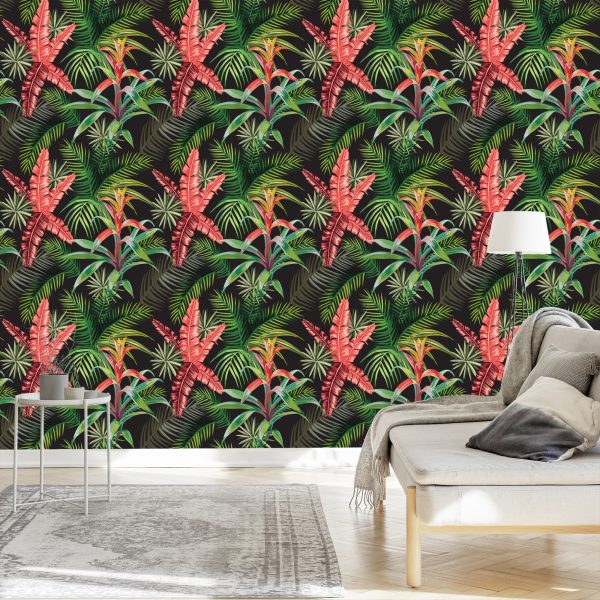 Behang Palmbladeren En Exotische Bloemen - Afbeelding 3