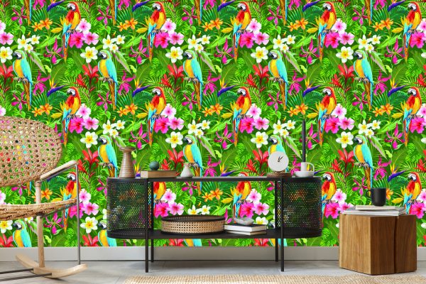 Behang Tropische Papegaaien Bladeren En Bloemen - Afbeelding 5