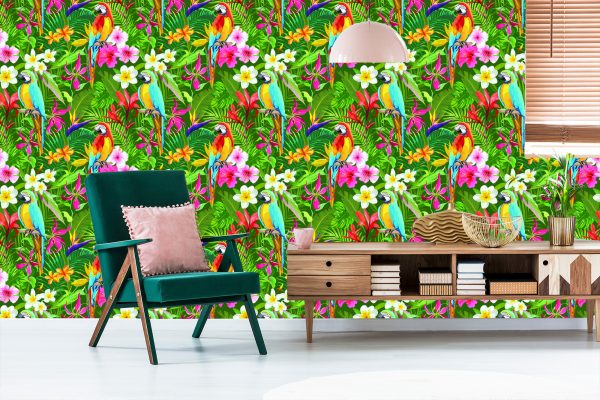 Behang Tropische Papegaaien Bladeren En Bloemen - Afbeelding 6