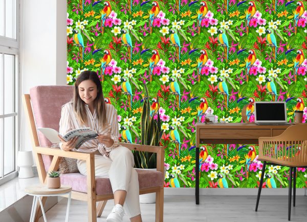 Behang Tropische Papegaaien Bladeren En Bloemen - Afbeelding 7